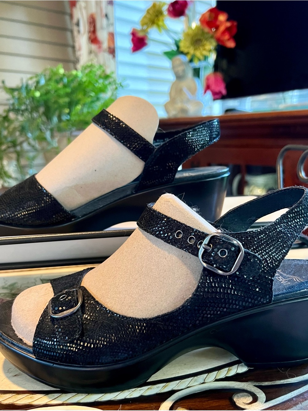 Dansko Black Textured Shimmering Slingback Wedge with Buckles
